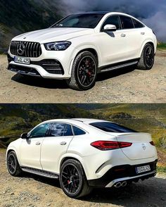 two side by side pictures of the same mercedes suv, one in white and another in black