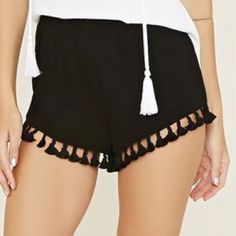 Nwt. Forever 21 Black Tassel Shorts. Medium Black Casual Bottoms With Tassels, Casual Black Bottoms With Tassels, Trendy Tasseled Bottoms For Summer, Trendy Tasseled Summer Bottoms, Summer Black Bottoms With Tassels, Spring Black Bottoms With Tassels, Black Bottoms With Tassels For Summer, Black Tassel Bottoms For Summer, Black Tasseled Bottoms For Summer