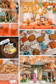 a collage of photos with orange and black decorations, balloons, plates, and desserts