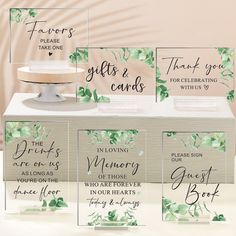 four wedding cards with green leaves on them and the names of each card in front