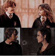 harry potter and hermih in harry potter's school uniform, one with long hair