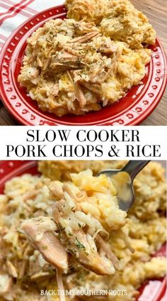 slow cooker pork chops and rice on a red plate with the title above it