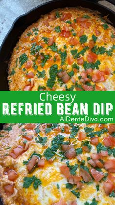 cheesy refried bean dip recipe in a cast iron skillet with fresh herbs on top