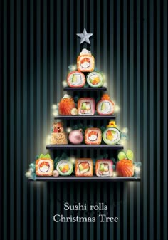 a christmas tree made out of sushi rolls on a shelf in front of a striped wall