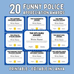 20 funny police appreciation awards with the caption's name and number on them