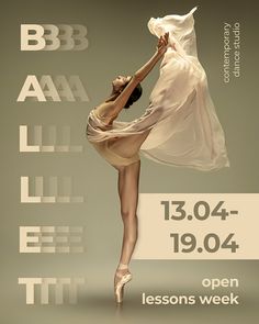 an advertisement for a ballet school with a woman in the air doing a dance pose