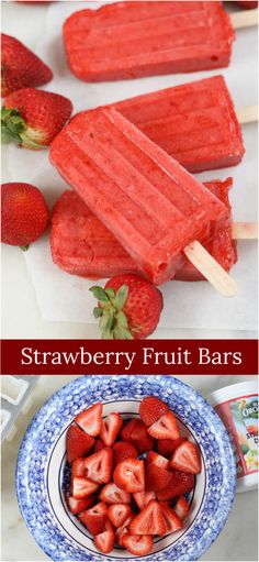 strawberry fruit popsicles on a blue and white plate with strawberries