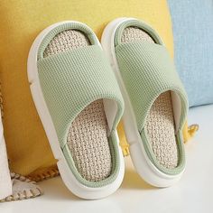 The Hemp Indoor Slides are very cute, minimalistic, and comfortable! They have a beautifully woven sole and the trim of the slides matches the strap that wide runs over your feet. See for yourself why these slides are great for indoor use! ﻿FEATURES: Style Open toe Season Spring/Summer Sole Flat Vamp material EVA COMFORTABLE MATERIAL: The Hemp Indoor Slides are made of high-density material. These are light, soft, breathable, and waterproof, and their excellent flexibility and durability make th Comfortable Platform Slippers With Textured Sole For Beach, Comfortable Spring Platform Slippers With Textured Sole, Comfortable Beach Platform Slippers With Textured Sole, Comfortable Flat Slides With Woven Sole, Comfortable Open Toe Slippers With Textured Sole, Casual Indoor Slip-on Slides, Comfortable Non-slip Slides, Comfortable Green Slides With Textured Footbed, Comfortable Green Synthetic Slippers