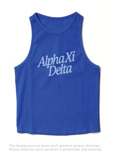 Product Color Varsity Blue Product Details University Tees UT009 Ribbed high-neck tank top Product Description Elevate your sorority wardrobe with our Varsity Blue Slanted Matching Set Tank. Crafted from the softest fabric, this tank provides ultimate comfort and style, making it a staple year round. Embrace the perfect blend of warmth and breathability with this must-have addition to your collection Note: This product is designed for a comfortable and breathable fit. It is intentionally crafted Blue Stretch Tank Top, Blue Varsity Sports Top, Blue Cotton Racerback Top, Blue Cotton Racerback Tank Top, Blue Sports Tank Top With Graphic Print, Sorority Merch T-shirts & Tank Tops, Sorority Names, University Tees, Theta Phi Alpha