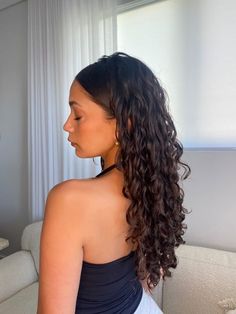 Wavy Hairstyles Slicked Back, Long Curly Hair Headband, Curly Model Hair, Curly Wash Day Hairstyles, Curly Hair Styles Slick Back, Long Brown Hair Styles Hairstyles, Slick Front Pieces Hair Down Curly, Summer Wet Hairstyles, First Day Of School Hair Curly