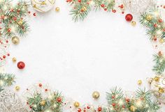 a white background with christmas decorations and pine cones on it's edges is surrounded by red, gold and green ornaments