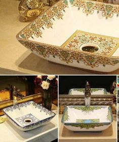 four different images of decorative sinks and faucets in various styles, sizes and colors