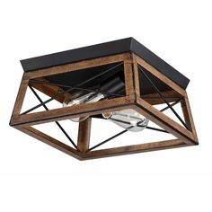 a square light fixture with wood and metal accents