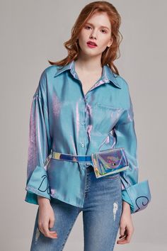 Jacqueline Iridescent Button-up Blouse #fashionista#fashionblogger #fashionblog#fashionable #fashionstyle#styleblogger#styleblog#streetstyle#streetwear #streetfashion#inspiration#trend#trendy #trends #trendalert#photooftheday #styleoftheday #stylegram #lookbook#lookoftheday #whatiwore #lovethislook #festival #ootd#ootdfashion#springlooks#swimwears Festival Ootd, Dc Fashion, Ootd Dress, Blouse Work, Cardigan Sweater Jacket, Young Fashion, Satin Top, Blouse Styles, Daily Fashion