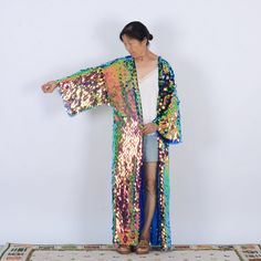 Sequin Kimonomermaid Sequin Festival Kimonosequin - Etsy Sweden Long Multicolor Party Kimono, Rave Kimono, Men Festival Outfit, Sequin Duster, Festival Kimono, Sequin Kimono, Burning Man Fashion, Bohemian Kimono, Rave Clothing