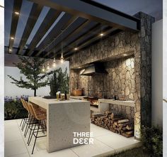 an outdoor kitchen and dining area is featured in this ad