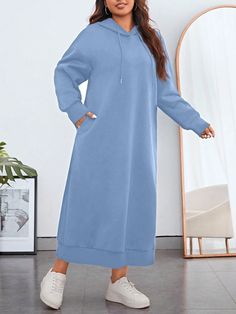 Plus Drop Shoulder Drawstring Hoodie Dress Blue Casual  Long Sleeve Knitted Fabric Plain Dress Slight Stretch  Women Plus Clothing, size features are:Bust: ,Length: ,Sleeve Length: Hooded Sweatshirt Dress, Plain Dress, Muslimah Fashion Outfits, Womens Tights, Drawstring Hoodie, Sweatshirt Dress, Kids Sleepwear, Winter Casual, Hoodie Dress