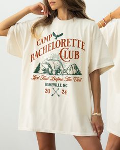 a woman wearing a camp bachelorette club t - shirt with her hands on her hip