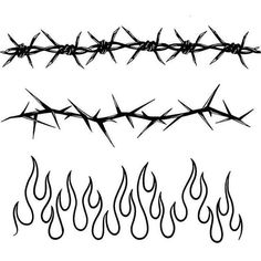 barbed wire with flames on the bottom and one in the middle, set against a white background