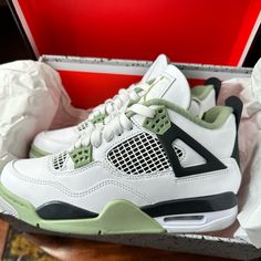 The Women’s Air Jordan 4 “Oil Green” Seafoam Women’s Size 6.5 Men’s Size 5 Another Thing Sitting In My Daughter’s Closet. She Ordered These In The Wrong Size.. She Loves Leaves And Wants To Sell These To Buy Her Correct Size. She Needs A 6.5 Men’s Not Women’s Lol. Thanks For Your Her. 100% Athentic Is A Women’s-Exclusive Colorway Of The Classic Sneaker That Adds To Its Impressive Collection Of Releases. In The “Oil Green” Colorway, This Jordan 4 Is Complete With A White Leather Construction With Shoe Game For Women, Green Air Jordan 4 Sporty Shoes For Sports, Sporty Green Air Jordan 4 For Sports, Green Air Jordan 4 Casual For Streetwear, Green Casual Air Jordan 4 For Streetwear, Casual Green Air Jordan 4 For Streetwear, Green Air Jordan 4 With Boost Midsole For Sports, Green Air Jordan 4 With Branded Insole For Sports, Green Low-top Air Jordan 4 Sporty Shoes