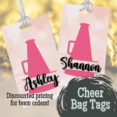 two pink tags with the words cheer tag tags on them