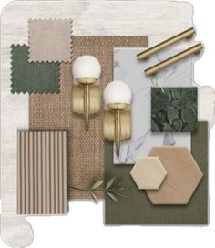 an assortment of different colors and materials in a collage with gold, green, beige, and white accents