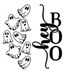 black and white drawing of ghost faces with the word boo boo on it's side