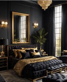 a bedroom with black walls and gold accents