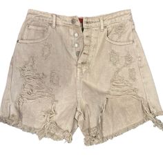 Size Medium. Brand New With Tags Casual Distressed High-waisted Jean Shorts, Trendy Distressed Short Bottoms, Beige Denim Bottoms For Summer, Summer Beige Denim Bottoms, Summer Casual Distressed Bottoms, Distressed Short Jeans For Spring, Casual Distressed High-waisted Shorts, Distressed High Waist Jean Shorts For Spring, High Waist Distressed Jean Shorts For Spring