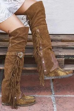 Tassels Buckle Tall Boots 5-Black Bohemian Brown Suede Boots, Casual Leather Fringe Boots, Bohemian Suede Boots With Tassels, Brown Fringe Boots For Festival, Festival Leather Fringe Boots, Festival Boots With Tassels And Round Toe, Casual Fringe Winter Boots, Casual Winter Fringe Boots, Casual Winter Boots With Fringe