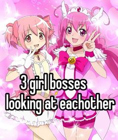 two girls in pink outfits with the words 3 girl bosses looking at each other