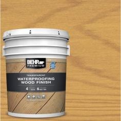 a bucket of waterproofing wood finish