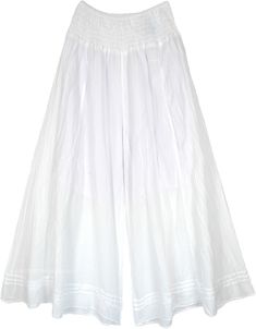 A cool pair of palazzo pants in bright white that you can wear in every season.  The waist is wide and has elastic smocking to give you a perfect body fit. #tlb #SplitSkirtsPants #Crinkle #bohemianfashion #WideLegPants #WhitePants #HippiePants Bohemian White Pants With Elastic Waistband, Bohemian White Bottoms With Elastic Waistband, White Bohemian Pants With Elastic Waistband, White Bohemian Bottoms With Elastic Waistband, White Bohemian Wide-leg Pants, White Full-length Bohemian Bottoms, White Bohemian Full Length Bottoms, White Bohemian Stretch Pants, White Stretch Harem Trousers