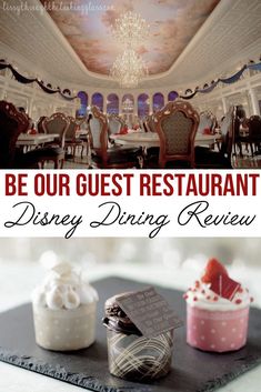 the dining room at disney's dining restaurant with text overlay that reads be our guest