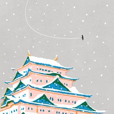 an illustration of a bird flying in the sky over a building with snow on it