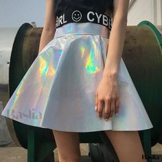 Baslia - High-Waisted Laser-cut Shimmer Leather Skirt with Flared Design - Ideal for Dance Performances Holographic Skirt, Pink Color Combination, Pu Skirt, Cheerleader Costume, Chic Skirts, Dance Team, Harajuku Streetwear, Stage Costume, Half Skirt