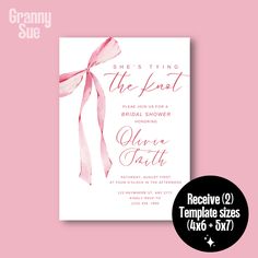 the pink ribbon is tied around the front of this elegant bridal shower party card