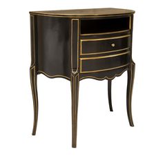 an antique black and gold side table with drawers