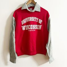 Nwt Urban Outfitters Urban Renewal University Of Wisconsin Upcycled Collared Sweatshirt. *This Is New With Tags From Urban Renewal But It Is Vintage And Has Been Worn. Listed As Size Medium Measurements Laying Flat- Pit To Pit- 22” Shoulder To Hem- 24” 9-26-24 Fall College Collared Tops, Fall Collared Tops For College, Collared Fall Tops For College, Winter Long Sleeve College Style Tops, Red Collegiate Cotton Sweater, Retro Cotton Tops For Layering, Red Cotton Tops For Layering, Fall Varsity Long Sleeve Tops, Spring Varsity Long Sleeve Tops