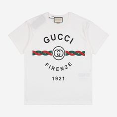 GUCCI "FIRENZE 1921" White T-shirt - GENUINE AUTHENTIC BRAND LLC Luxury Gucci Summer Top, White Signature Print T-shirt For Summer, White T-shirt With Signature Print For Summer, White Summer T-shirt With Signature Print, Luxury White T-shirt With Letter Print, White Tops With Signature Print For Summer, White Summer Tops With Signature Print, Gucci T-shirt For Summer Streetwear, Gucci Classic Short Sleeve Top