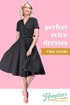 Yep! We said dresses with pockets. Skirts, too! Check out all of our vintage inspired cuteness at hemptonsretro.com! The Caterina swing dress has the prim and proper 1950s housewife look, but with a contemporary edge. Made from a gorgeous vintage-style fabric with small white polka dots on a black textured cotton blend - comfortable and very flattering to all figures! #pinup #pinupoutfit #retro1950s #rockabilly #mididress Pinup Outfits, Rock A Billy Fashion, Modern Vintage Dress, 1950s Housewife, Pin Up Shoes, Rockabilly Looks, Prim And Proper, Retro Boutique, Pin Up Looks