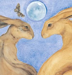 two brown rabbits facing each other in front of a full moon and blue sky with butterflies