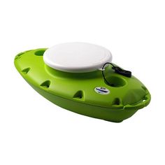 an inflatable boat with a frisbee attached to it