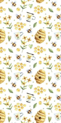 watercolor beehive and honeycombs with flowers on a white background seamless wallpaper