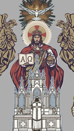 an image of jesus on top of a building with angels around him and the word oa above it