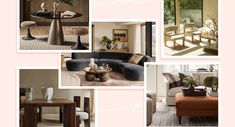 a collage of photos with different furniture and decor items in it, including a couch, coffee table, chair, end tables, ottomans