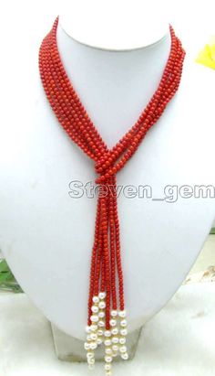 Sale Supper Long 45'' 3 Strands 3-4Mm Red Coral And White Pearl Necklace-Nec5643 White Coral Necklace, Anting Manik, Floating Diamond Necklace, Red Coral Necklace, Horseshoe Pendant, Horseshoe Necklace, White Pearl Necklace, Necklace For Girlfriend, White Coral