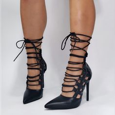 Lace Up Strappy Stiletto Pointed Toe Heels, Black 9 W8691p0 4-inch Heel Lace-up Heels For Night Out, Lace-up Heels With 4-inch Heel For Night Out, Lace-up Heels For Night Out With 4-inch Heel, 4-inch Lace-up Heels For Night Out, Lace-up Heels With Wrapped Heel For Night Out, Black Pointed Toe Court Shoes For Party, Fitted Black Court Shoes For Summer, Black Pointed Toe Heels With 4-inch Heel, Black Heels With 4-inch Pointed Toe