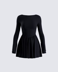 Taking it back to the basics 🖤 Constructed from stretch jersey, and complete with long sleeves, and an open back - this simple black mini dress is the perfect staple for all occasions  😚 Dress Png, Rhinestone Top, Black Off Shoulder, Sequin Mini Skirts, Black Mini Dress, Basic Dress, Black Long Sleeve Dress, Dolce E Gabbana, Sequin Mini