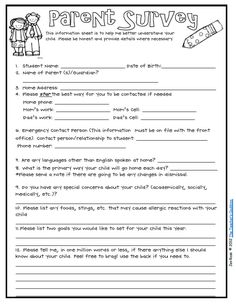 the parent survey worksheet for parents and their children to help them understand what they are